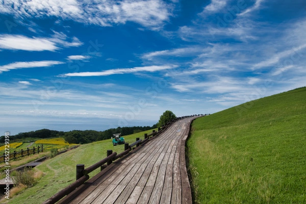 Fototapeta A hill with a panoramic view and the tail to the sky.  Hanazashiki Awaji Island, Hyogo
