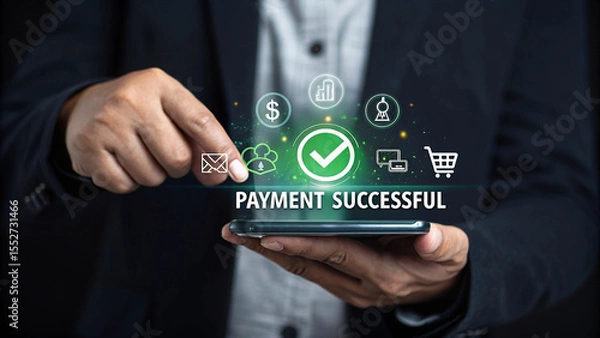 Fototapeta Businessman Holding Tablet with Payment Successful Message, Payment Success message showing on virtual screen