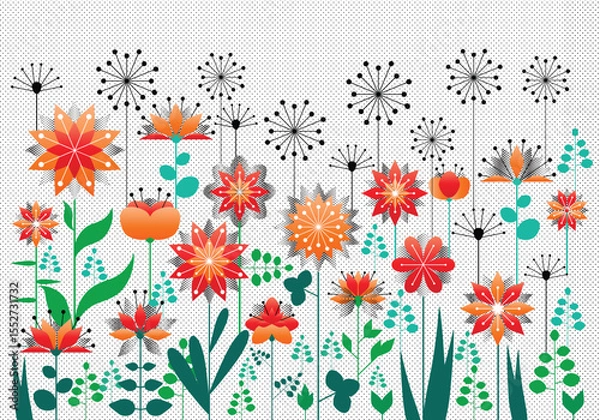 Obraz abstract floral background, colour vector symmetrical folk flowers isolated on grainy polka dots paper background, spring, summer, easter template ideal for card, banner, poster, wallpaper, cover