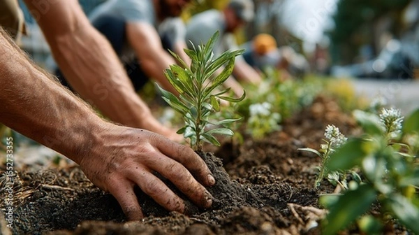 Fototapeta Environmentalists planting trees in a community, eco-friendly teamwork and sustainability