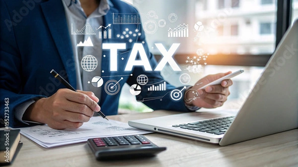 Fototapeta Businessman using laptop to complete tax return, Tax Planning, Businessman using laptop to complete income tax return form online for tax payment
