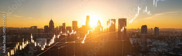 Fototapeta Photography of a Virtual financial stock market graph with upward trending lines and candlestick charts on the background of an urban skyline.