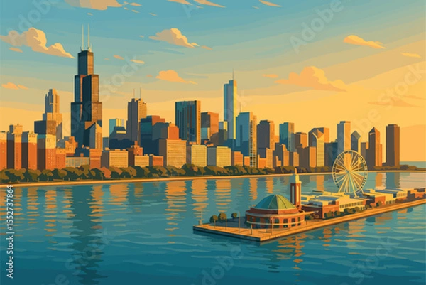 Obraz Morning Chicago skyline with Navy Pier and calm Lake Michigan waters