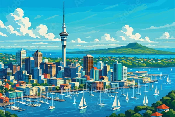 Obraz Auckland cityscape with Sky Tower, harbor and volcanic hills view