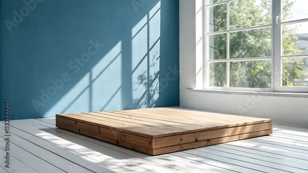 Fototapeta Wooden Platform on White Floor Against Blue Wall with Sunlight and Window Shadows 

