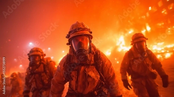 Fototapeta Firefighters working together to extinguish a blaze, emergency response and heroic teamwork concept