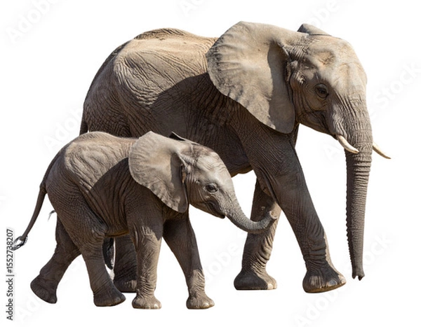 Fototapeta  Baby Elephant Holding Tail of Mother While Walking, isolated on a transparent background.