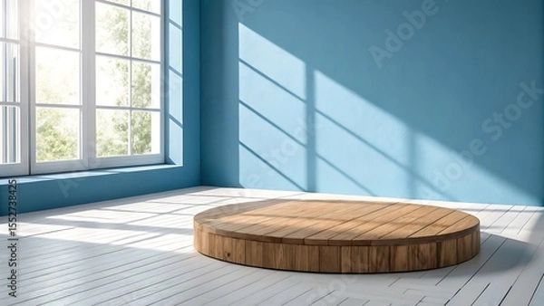Fototapeta Wooden Platform on White Floor Against Blue Wall with Sunlight and Window Shadows 
