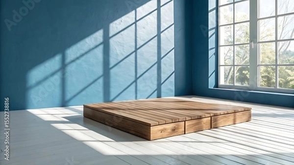 Fototapeta Wooden Platform on White Floor Against Blue Wall with Sunlight and Window Shadows 
