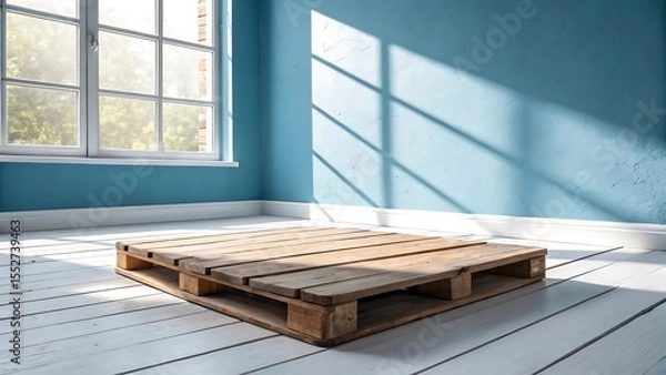 Fototapeta Wooden Platform on White Floor Against Blue Wall with Sunlight and Window Shadows 
