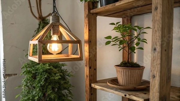 Fototapeta Wooden Pendant Lamp Illuminates Small Plant on Rustic Shelf 
