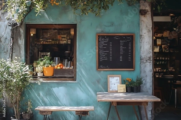 Fototapeta Charming Teal Cafe Exterior with Fresh Produce and Menu Board Inviting Customers