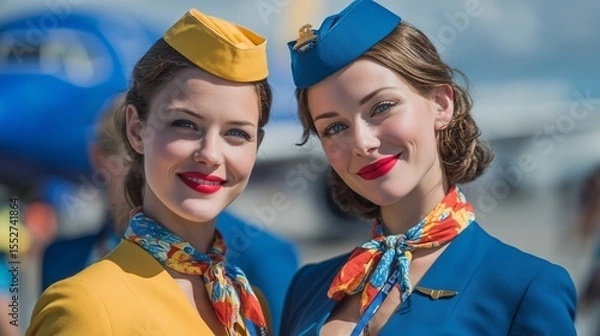 Fototapeta Flight attendants preparing for takeoff, airline teamwork and passenger service