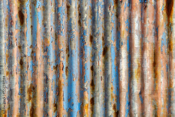 Fototapeta Rusty and Weathered Metal Surface with Blue and Brown Stripes