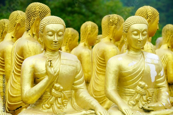 Fototapeta Golden Buddha Statues in Thoughtful Serenity Surrounded by Nature