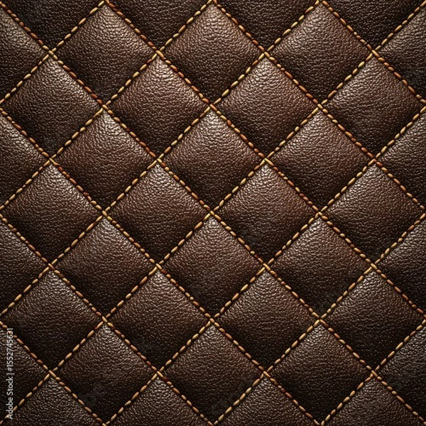 Obraz Dark brown leather texture with diamond stitching pattern, accented by thin, gold-toned thread