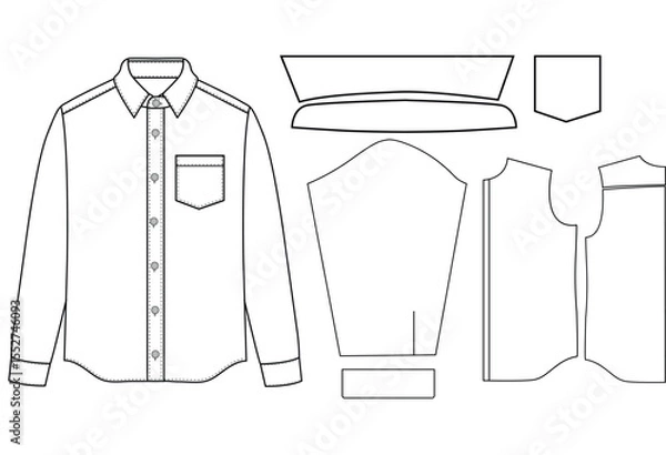Obraz Men long sleeves shirt flat sketch vector illustration templet drawing mock up design