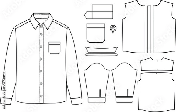Obraz Men long sleeves shirt flat sketch vector illustration templet drawing mock up design