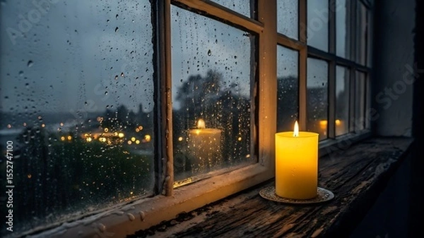 Fototapeta Yellow Candlelight Reflecting in Rainy Window at Night 
