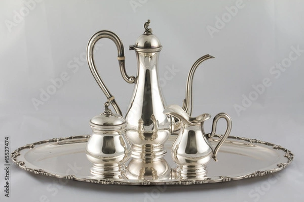 Fototapeta Silver teapot,sugar and milk pot