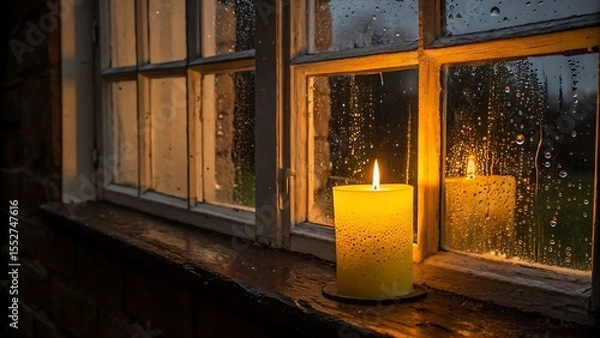 Fototapeta Yellow Candlelight Reflecting in Rainy Window at Night 
