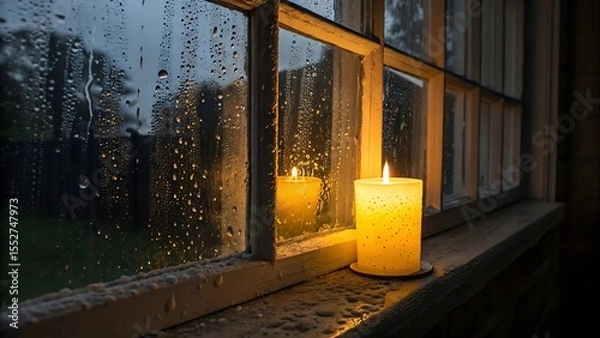 Fototapeta Yellow Candlelight Reflecting in Rainy Window at Night 
