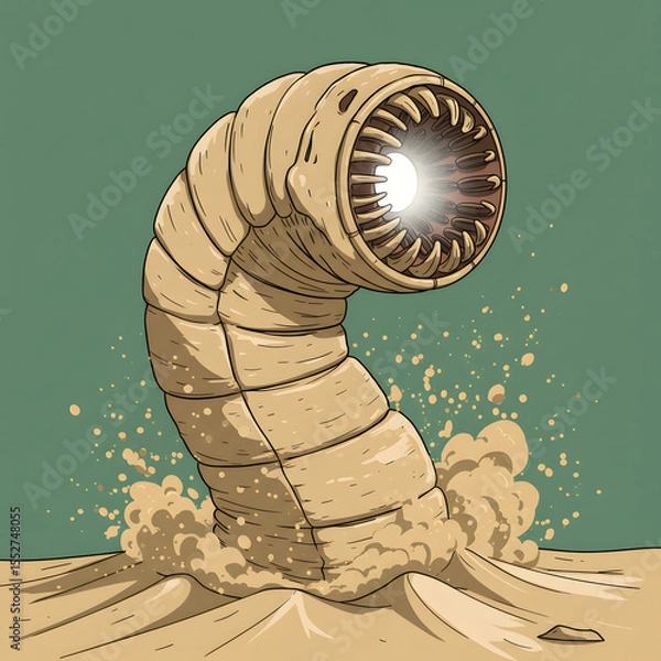 Fototapeta A giant sandworm emerges from the desert with a glowing mouth, kicking up sand. The creature is beige with black outlines.