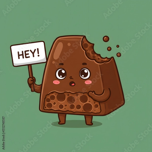 Fototapeta A chocolate bar cartoon character with a bite taken out holds a sign reading "HEY!" against a green background. The character has an surprised expression.