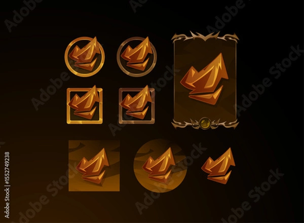 Obraz set of fantasy gothic medieval button, skill symbol and card design with stone rock earth magic elements