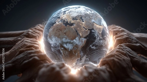 Fototapeta Hands joining together over a glowing globe, unity and global business collaboration