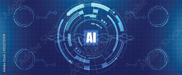 Obraz Futuristic AI technology background with digital circle, circuit lines, and data connection network.