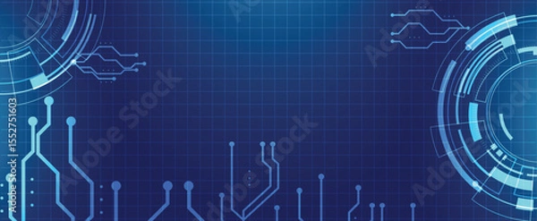Obraz Digital circuit tech background with flowing lines and arrows on a blue futuristic grid.