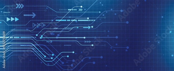Obraz Digital circuit tech background with flowing lines and arrows on a blue futuristic grid.