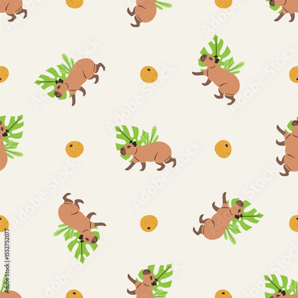 Fototapeta Seamless pattern with funny cartoon capybara and oranges on white background. Cute South American animal repeat design for children. Vector illustration