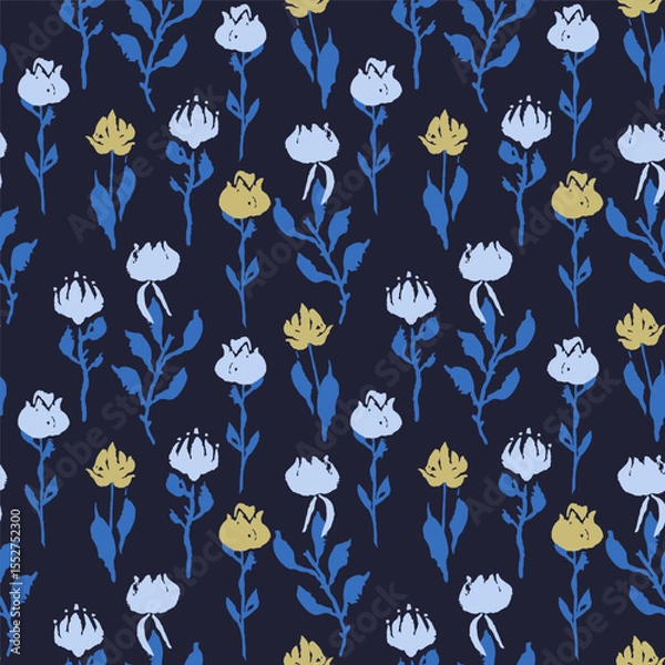 Fototapeta Seamless pattern with hand drawn flowers and leaves. Loose botanical repeat background. Rough florals wallpaper.