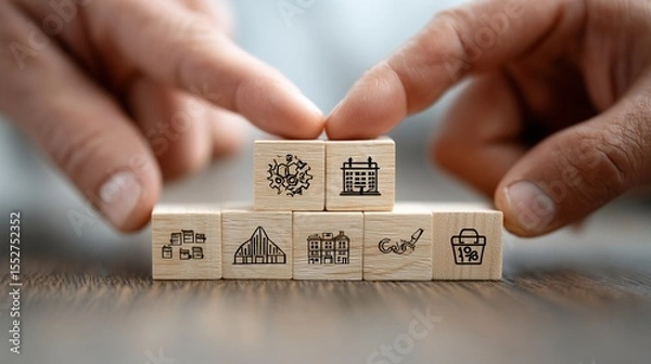 Fototapeta Hands stacking wooden blocks with company logos, teamwork and business stability metaphor