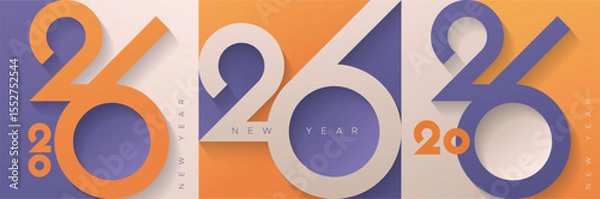 Fototapeta Modern flat design featuring large, bold “2026” numbers in purple and orange tones. Minimalist layout across three square compositions celebrating the New Year with clean, stylish typography
