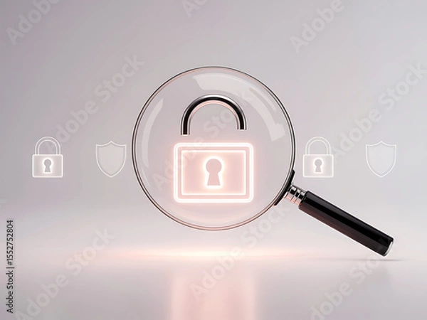 Obraz Magnifying glass scanning digital padlock on soft neutral background for cybersecurity audit