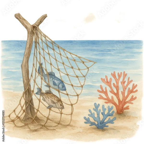Fototapeta Fishing net and driftwood coastal scene with corals and sand beach on transparent background, Watercolor Illustration..