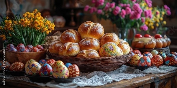 Fototapeta Table with baskets of decorated eggs, loaves of bread, greenery, and tulips arranged on lace cloth, suggesting festive setting. Generative by AI.