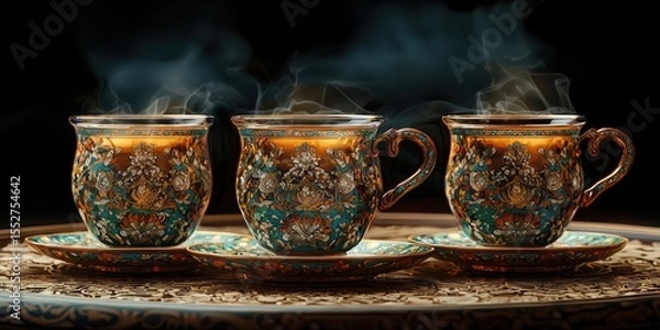 Fototapeta Steaming floral-patterned teapot flanked by two matching teacups on golden tray, placed outdoors with blurred foliage in background. Generative by AI.