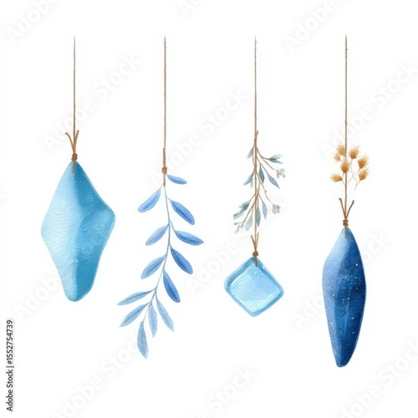 Fototapeta Hanging blue watercolor leaves on rustic branch in vertical gradient tones for boho coastal decor, Watercolor Illustration