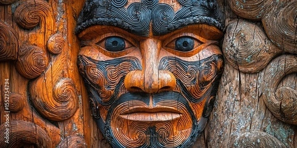 Fototapeta Close-up of intricate wooden carving depicting a symmetrical face with large eyes and swirling patterns on textured surface. Generative by AI.