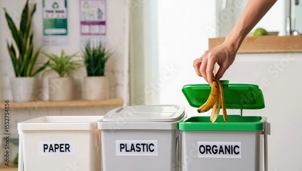 Fototapeta Modern kitchen with three recycling bins woman sorting banana peel into compost container, Selective Focus