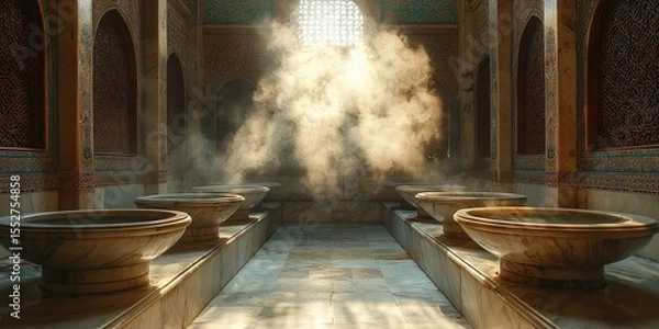 Fototapeta Interior of traditional hammam with marble benches, arched windows, steam, and central rectangular pool. Generative by AI.