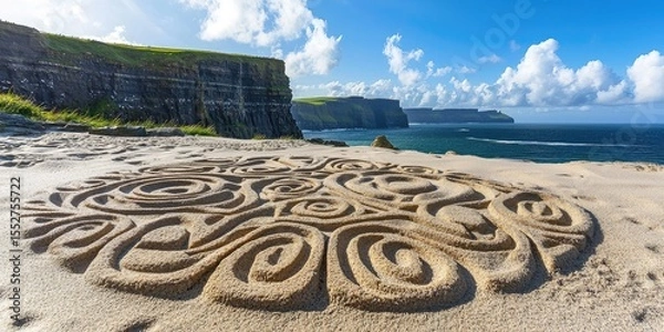 Fototapeta Coastal cliffside path with circular Celtic stone carving overlooks ocean at sunset under cloudy sky. Generative by AI.