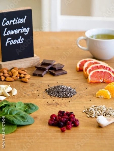 Fototapeta Top-down layout of natural foods that reduce cortisol level, nuts, spinach, chocolate, citrus, garlic and tea in flat lay setup for stress relief and hormone support, Selective Focus