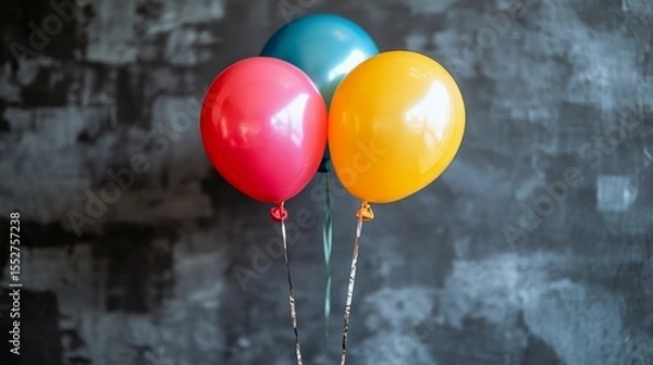 Fototapeta Colorful balloons against a textured gray wall, party decorations