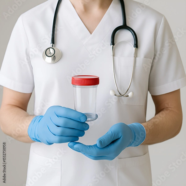 Obraz Lekarz w rękawiczkach ochronnych trzyma pojemnik na próbkę moczu – diagnostyka laboratoryjna w gabinecie medycznym