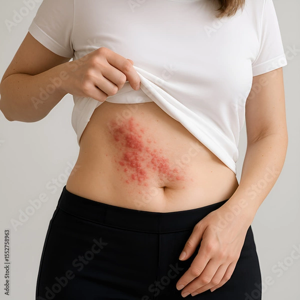 Obraz Zmiany skórne w postaci czerwonej wysypki na brzuchu kobiety – objawy półpaśca lub infekcji dermatologicznej